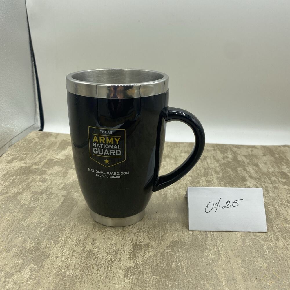Stainless Steel 5.5” Tall Coffee Mug Texas Army National Guard Logo Black & Silv